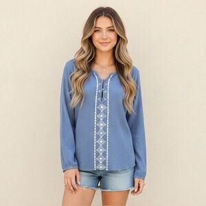 Aventura Organic Cotton Gauze Embroidered Blue Long Sleeve Boho Blouse Size L